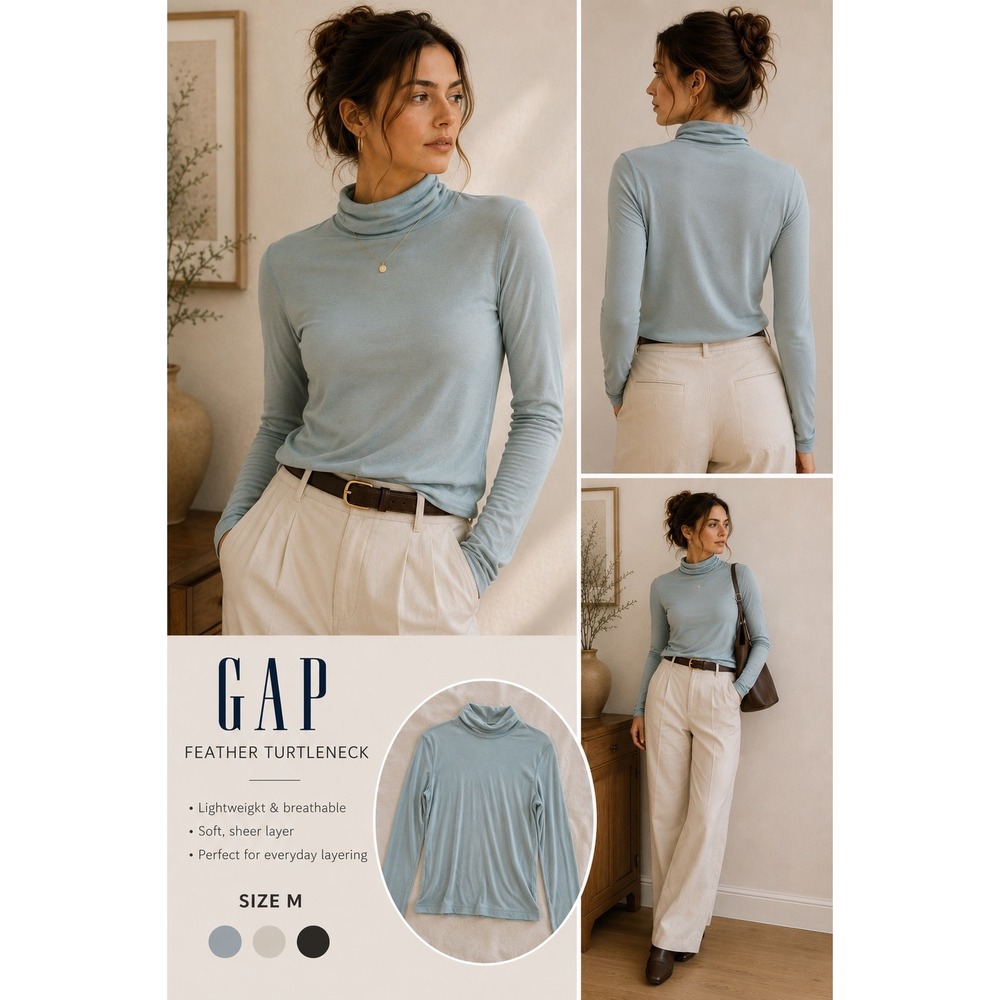 GAP Feather Turtleneck Top M Blue Soft Layering Long Sleeve Minimalist Coastal